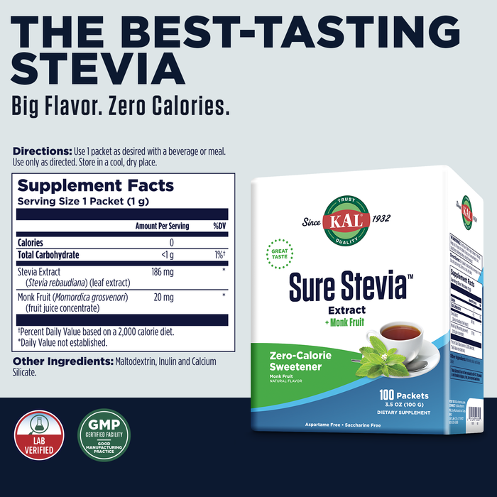 KAL Sure Stevia Plus Monk Fruit Sweetener - Great Tasting, Zero Calorie Sugar Free Sweetener - Low Glycemic, Perfect for a Keto Diet or Low Carb Diet, 60-Day Guarantee, 3.5oz, 100 Single-Serve Packets