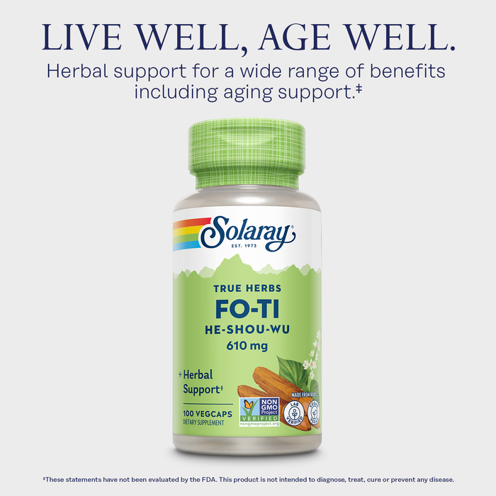 Solaray Fo-Ti 610 mg - Herbal Support for Aging, Longevity, and Hair, Skin & Nails - Vegan - 60-Day Money-Back Guarantee - 100 Servings, 100 VegCaps