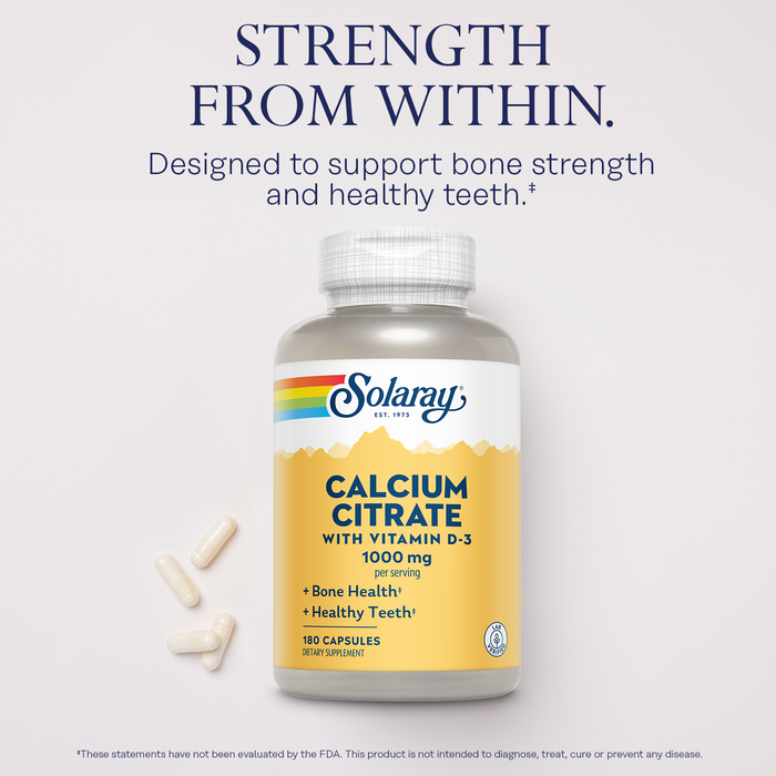 Solaray Calcium Citrate with Vitamin D3 1000mg - Bone Strength and Healthy Teeth Support - Gentle Digestion Formula - Lab Verified, 60-Day Guarantee - 30 Servings, 180 Capsules