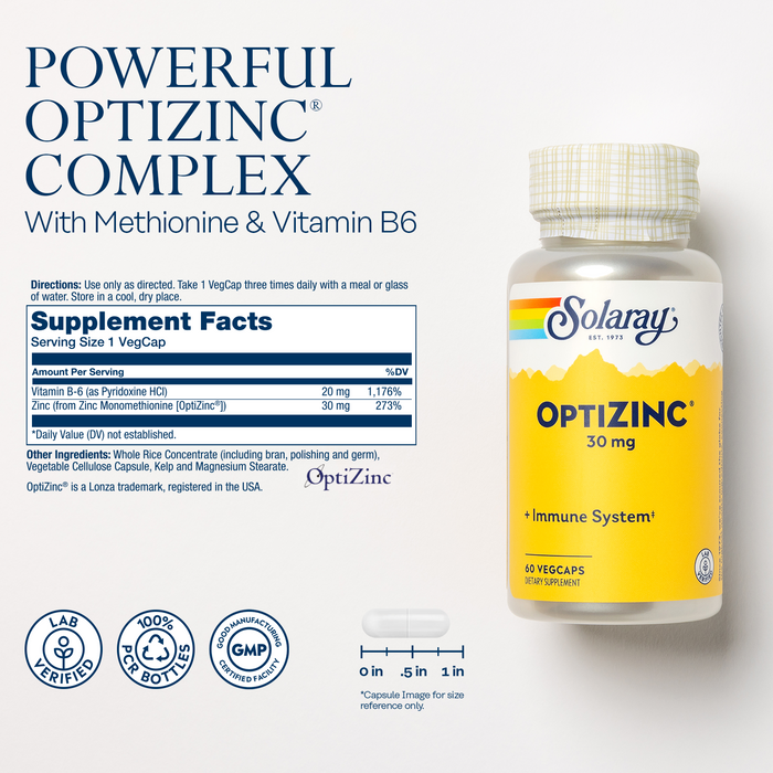 Solaray OptiZinc 30mg Immune Support Supplement, Chelated Zinc Capsules, Endocrine Systems and Cellular Health Support, with Methionine, Vitamin B6 and NO Copper, 60-Day Guarantee, 60 Serv, 60 VegCaps