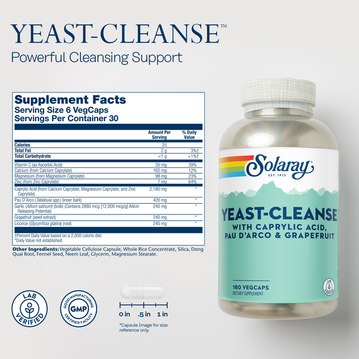 Solaray Yeast Cleanse, Detox Cleanse for Healthy Yeast Balance Support, with Caprylic Acid, Pau d'Arco, Licorice Root Extract and Grapefruit Seed Extract, 60-Day Guarantee, 30 Servings, 180 VegCaps