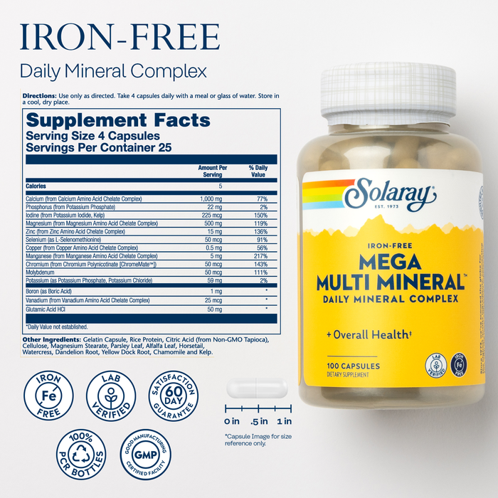 SOLARAY Iron-Free Mega Multi Mineral - Daily Mineral Complex w/ Calcium, Magnesium, Zinc and More, Absorbable Chelated Forms, Energy and Immune Support, 60-Day Guarantee, 50 Servings, 200 Capsules (100 Capsules, 25 Servings)