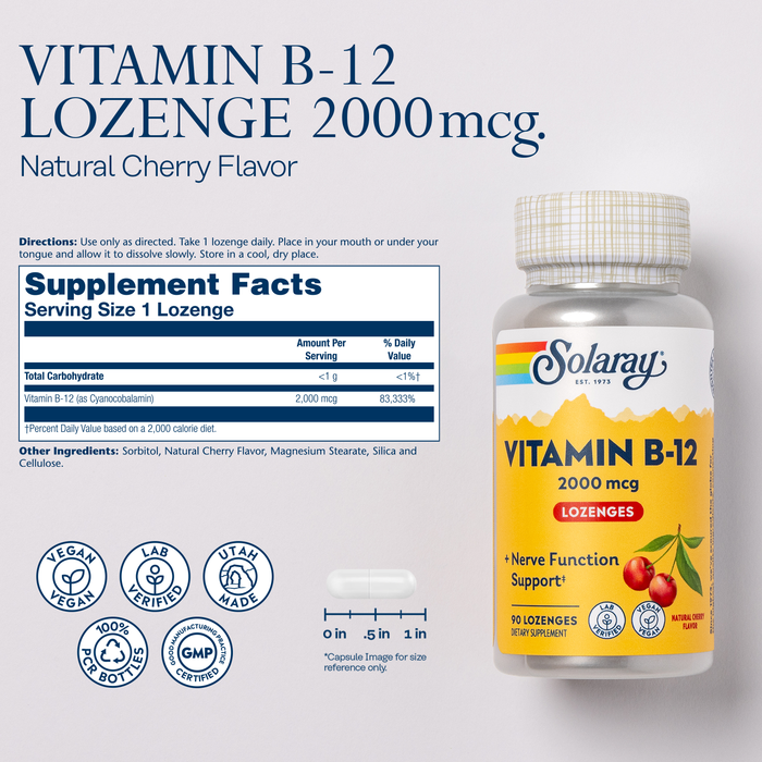 SOLARAY Vitamin B12 2000 mcg Lozenges - No Sugar, Natural Cherry Flavor Vitamin B 12 Supplement for Nerve Function, Energy and Red Blood Cell Support - Lab Verified, Vegan - 90 Servings, 90 Lozenges