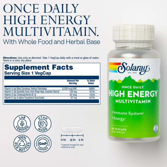 SOLARAY Once Daily High Energy Multivitamin for Women and Men - Energy Supplements - Immune Support w/ Vitamin C, A, D and E, Vitamin B Complex, Trace Minerals, 60-Day Guarantee, 60 Serv, 60 VegCaps ( 60 Servings, 60 VegCaps)