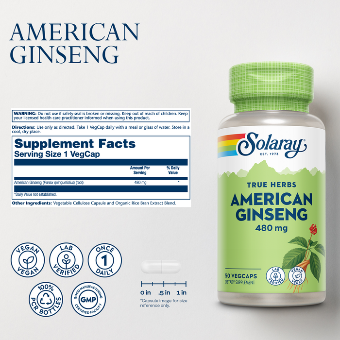 Solaray American Ginseng 480 mg | Adaptogenic Herb | Healthy Mood, Energy & Physical Endurance Support | 50 VegCaps