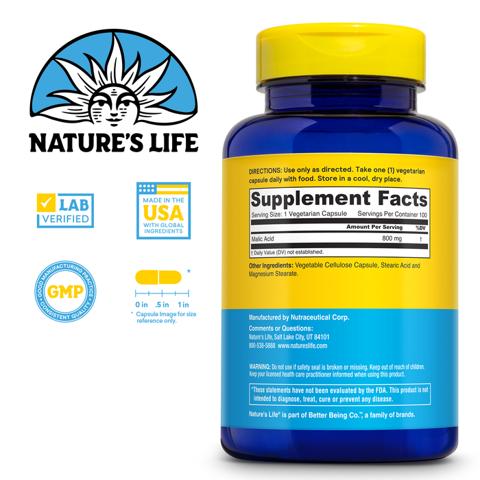 Nature's Life Malic Acid Supplement 800 mg - Healthy Muscle Function and Cellular Energy Support - Dietary Fruit Acid - 60-Day Money Back Guarantee, Lab Verified