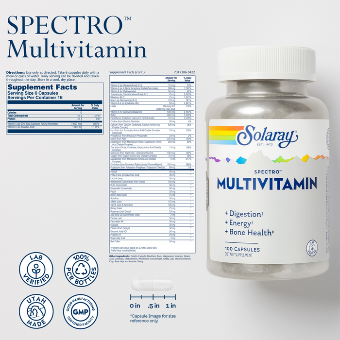 Solaray Spectro Multivitamin with Iron - Multi Vitamin with Calcium, Magnesium, Energizing Greens, Herbs & Digestive Enzymes - Digestion, Energy, and Bone Health Support