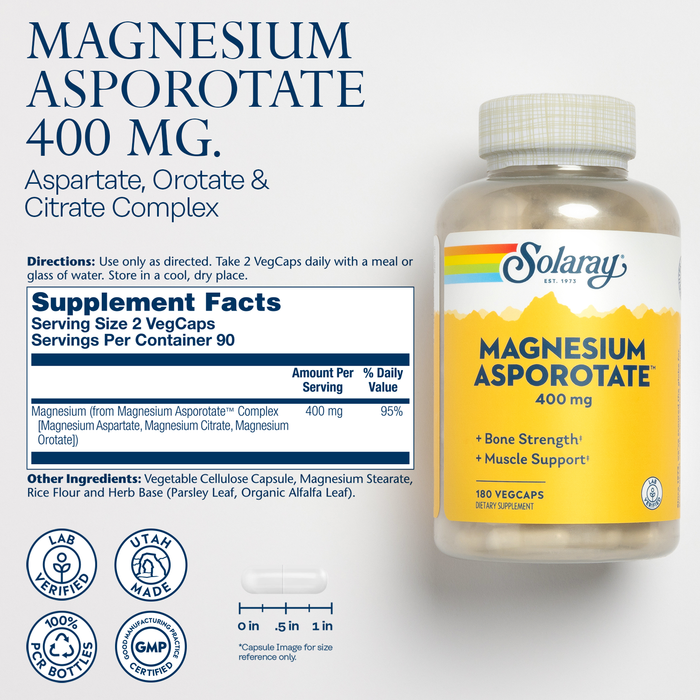 SOLARAY Magnesium Asporotate - Chelated Magnesium 400mg w/ Magnesium Citrate, Orotate and Aspartate - Bone Health, Muscle, Heart Health and Relaxation Support, 60-Day Guarantee, 30 Serv, 60 VegCaps (90 Servings, 180 VegCaps)