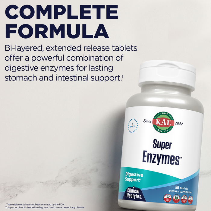 KAL Super Enzymes - Digestive Enzymes Tablets - Gut Health Supplements with Betaine HCl, Bromelain, Papaya Enzyme, Peppermint and Ginger, Gluten Free, Vegan, 60-Day Guarantee, 60 Servings, 60 Tablets