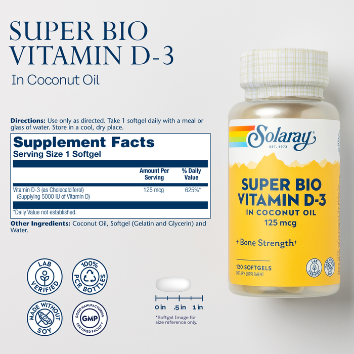 Solaray Super Bio Vitamin D3 in Coconut Oil - D3 Vitamin 5000 IU - Bone Health and Immune Support Supplement - Lab Verified, Made Wtihout Soy, 60-Day Guarantee - 120 Softgels, 120 Servings