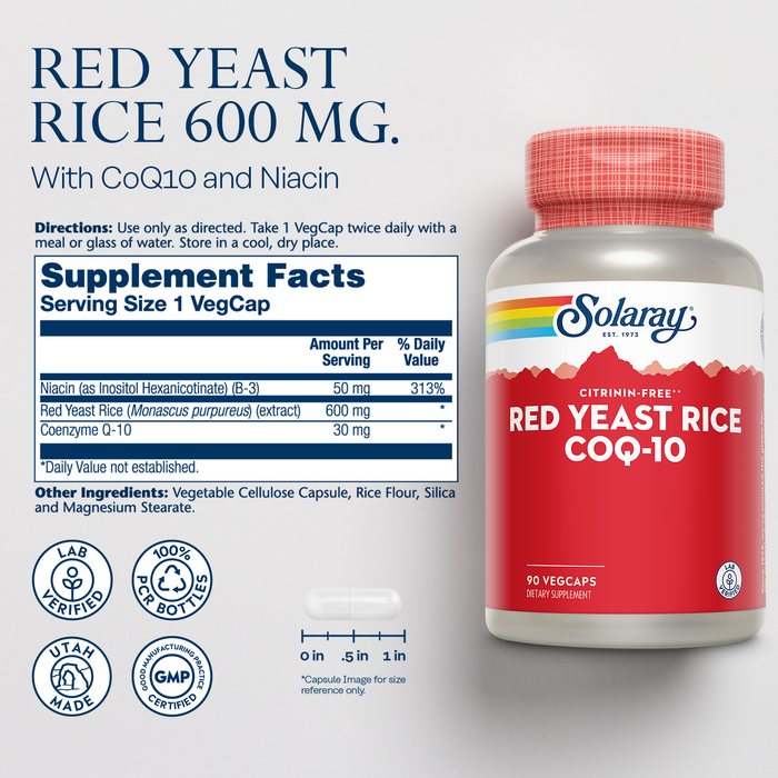 SOLARAY Red Yeast Rice with CoQ10 and Niacin (Vitamin B3) - High-Quality, Non-Irradiated Red Yeast Rice Plus CoEnzyme Q10 - Citrinin Free - 60-Day Guarantee, Lab Verified, 60 Servings, 60 VegCaps