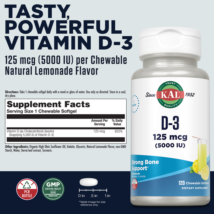 KAL Vitamin D3 5000 IU Chewable Softgels (125 mcg), Active Form Vitamin D, Calcium Absorption, Bone Health, Immune Support Supplement, Natural Lemonade Flavor, 60-Day Guarantee, 120 Serv, 120 Chews