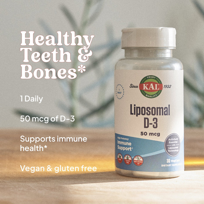 KAL Liposomal Vitamin D3 50 mcg, High Absorption Vitamin D, Liposomal Technology, High Potency Immune Support, Vegan Capsules, Gluten Free, No Soy, 30 Servings