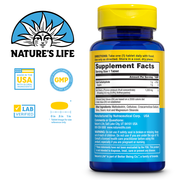 NATURE'S LIFE Tart Cherry 1200mg - Tart Cherry Juice Concentrate Tablets - Healthy Uric Acid Levels, Muscle Recovery Support - Source of Anthocyanins Antioxidants, 60-Day Guarantee, 30 Servings, 30ct