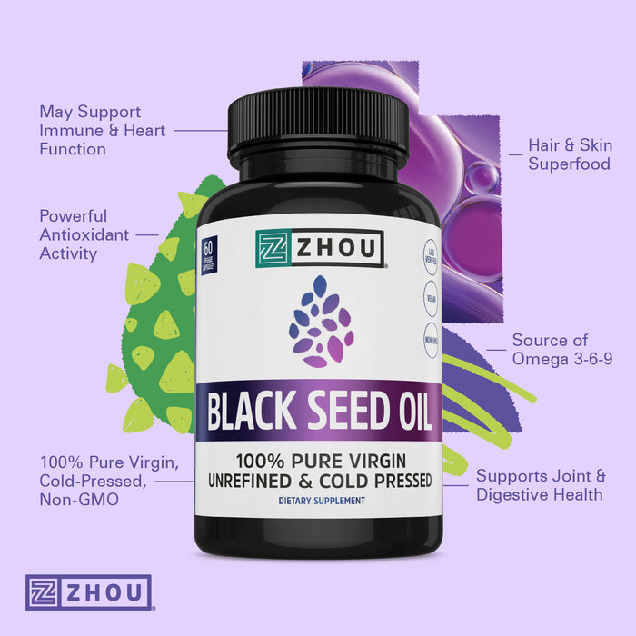 Zhou Nutrition Black Seed Oil Capsules, 100% Virgin, Cold Pressed Source of Omega 3 6 9, Super Antioxidant for Immune Support, Joints, Digestion, Hair & Skin, 60 Caps