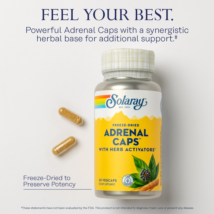 SOLARAY Adrenal Caps, Freeze-Dried - Wellness Support Adrenal Cocktail with Herb Activators Eleuthero, Gotu Kola, Licorice and Clove - Lab Verified, 60-Day Guarantee - 30 Servings, 60 VegCaps