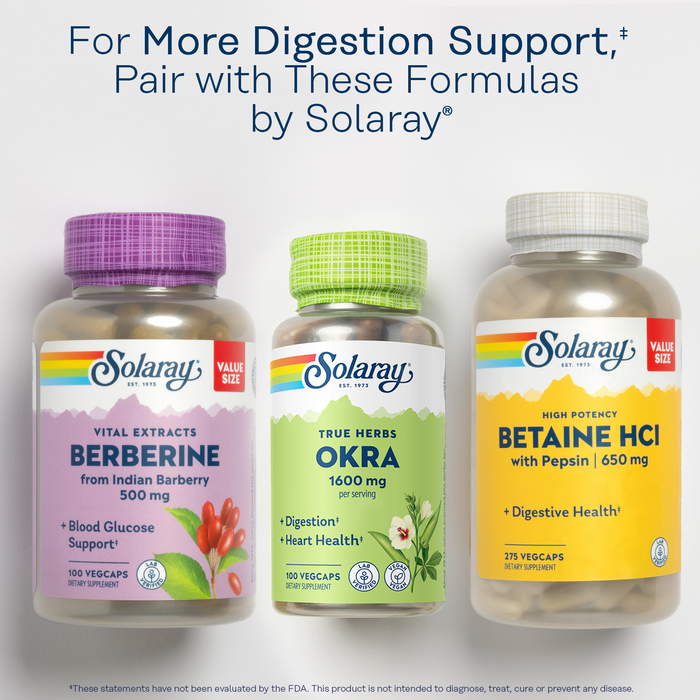 Solaray Okra Fruit 1600 mg - Healthy Digestion, Regularity and Heart Health Support Supplement - Soluble Fiber - Lab Verified, Vegan, 60-Day Guarantee - 25 Servings, 100 VegCaps