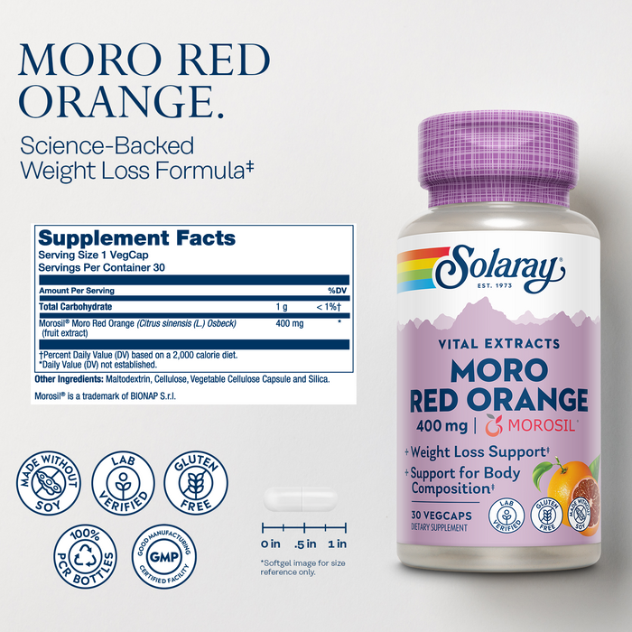 SOLARAY Moro Red Orange - Morosil Weight Loss Supplement for Women and Men - Clinically Studied Blood Orange Extract - Body Composition, Weight Loss Support, Gluten Free, 60-Day Guarantee, 30 VegCaps