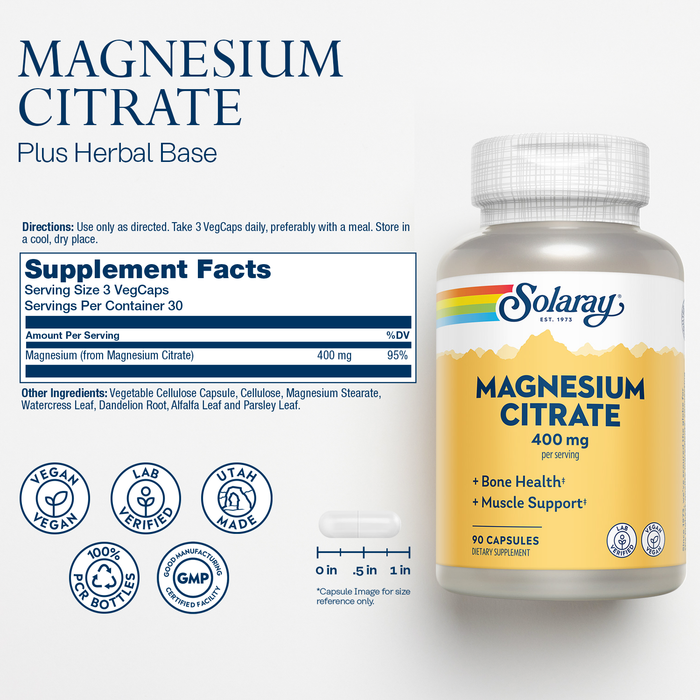 Solaray Magnesium Citrate 400mg - Bone Strength, Muscle Recovery, and Digestion Support - Herbal Base - Vegan, Lab Verified, 60-Day Money-Back Guarantee - 30 Servings, 90 VegCaps