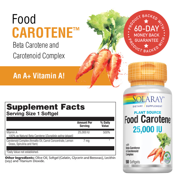 Solaray Food Carotene, Vitamin A as Beta Carotene 25000IU Carotenoids for Healthy Skin & Eyes, Antioxidant Activity & Immune System Support (076280041217) (50 CT)