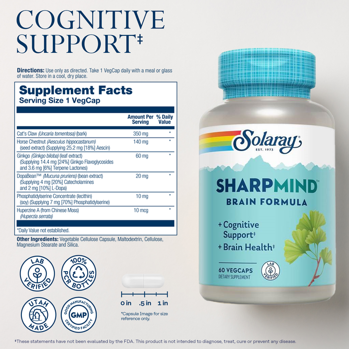 Solaray SharpMind, Cognitive Support Formula With Ginkgo Leaf, L-Dopa, Huperzine A & More for Healthy Brain, Mood & Memory Support 60 VegCaps