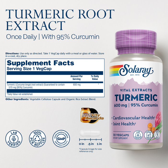 Solaray Turmeric Root Extract 570 mg - Turmeric Curcumin Capsules - With 95% Curcumin - Heart Health and Joint Health Support - Lab Verified, 60-Day Guarantee - 60 Servings, 60 VegCaps (30 CT)