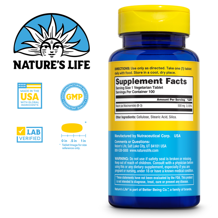 Nature's Life Energizing Niacinamide 500mg - No Flush Vitamin B 3 Niacin Supplement - Nerve Function, Metabolism and Healthy Energy Support - 60-Day Guarantee, Lab Verified, 100 Servings, 100 Tablets