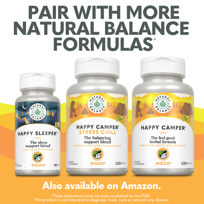 Natural Balance Happy Camper - Feel-Good Mood Support Supplement - Gotu Kola, Passion Flower, and Kava Kava Capsules - 60-Day Guarantee (120 Count)