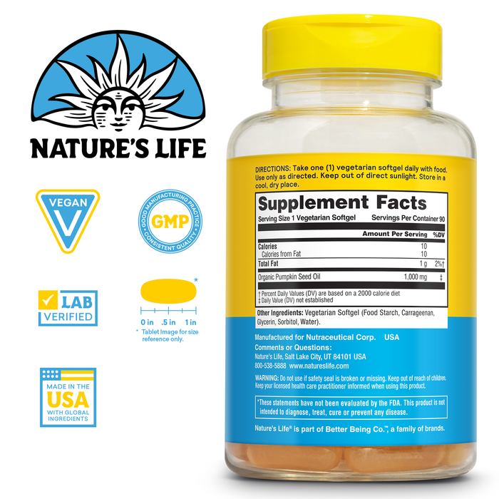 NATURE'S LIFE Pumpkin Seed Oil Supplement - Source of Omega 3 6 Essential Fatty Acids and Antioxidants - Cold Pressed from Organic Pumpkin Seeds - Vegan, 60-Day Guarantee, 90 Servings, 90 Softgels