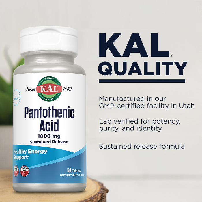 KAL Pantothenic Acid 1000mg, Sustained Release Vitamin B5 - Energy Supplements - Supports Metabolism of Carbs, Fat and Protein, Hair and Skin Health, Vegan, 60-Day Guarantee, 50 Servings, 50 Tablets