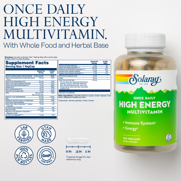 SOLARAY Once Daily High Energy Multivitamin for Women and Men - Energy Supplements - Immune Support w/ Vitamin C, A, D and E, Vitamin B Complex, Trace Minerals, 60-Day Guarantee, 60 Serv, 60 VegCaps (120 Servings, 120 VegCaps)