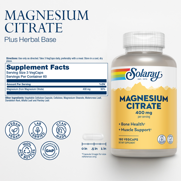 Solaray Magnesium Citrate 400mg - Bone Strength, Muscle Recovery, and Digestion Support - Herbal Base - Vegan, Lab Verified, 60-Day Money-Back Guarantee - 60 Servings, 180 VegCaps