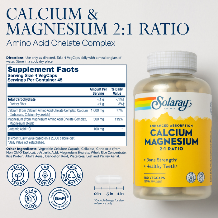 Solaray Calcium Magnesium Supplement 2:1 Ratio, Healthy Bone Strength and Teeth Support, High Absorption, Vegan Calcium Supplement, Lab Verified, 60-Day Guarantee, 45 Servings, 180 VegCaps