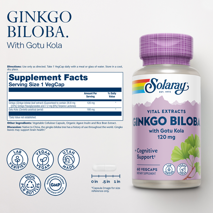 SOLARAY Ginkgo Biloba Extract with Gotu Kola - Ginko Biloba Capsules for Brain Health Support - Vegan, Lab Verified, 60-Day Guarantee - 30 Servings, 30 VegCaps