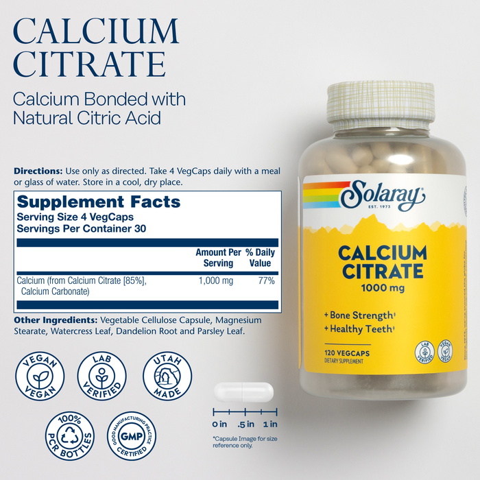 Solaray Calcium Citrate 1000mg - Chelated Calcium Supplement - Supports Bone Strength and Healthy Teeth - Easy to Digest - 60-Day Guarantee, Vegan - 60 Servings, 240 VegCaps (30 Serv, 120 Count)