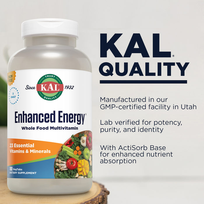 KAL Enhanced Energy Supplements, 3 Daily - Whole Food Multivitamin for Women and Men, Iron Free, 23 Essential Vitamins, Minerals, Super Foods, Digestive Enzymes, 60-Day Guarantee, 60 Serv, 180 VegTabs