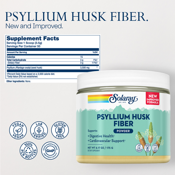 SOLARAY Psyllium Husk Powder - Psyllium Fiber Supplement for Digestive Health and Heart Support - 3 g of Soluble Fiber - Gluten Free, Made Without Soy, 60-Day Guarantee - 50 Servings, 6.17 OZ