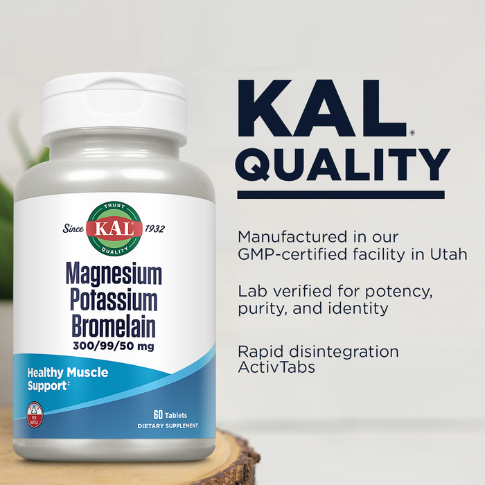 KAL Magnesium Potassium Bromelain, Magnesium Complex for Bone, Heart Health, Muscle Support w/ Magnesium Citrate, Magnesium Malate, Potassium Citrate, Vegetarian, 60-Day Guarantee, 60 Serv, 60 Tablets