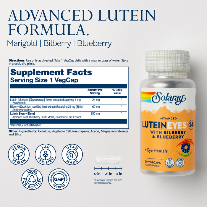 SOLARAY Advanced Lutein Eyes 24 mg - Lutein and Zeaxanthin Supplements - Eye Health Support with Blueberry and Bilberry Extract - Vegan, 60-Day Guarantee, Lab Verified - 60 Servings, 60 VegCaps (30 Servings, 30 VegCaps)