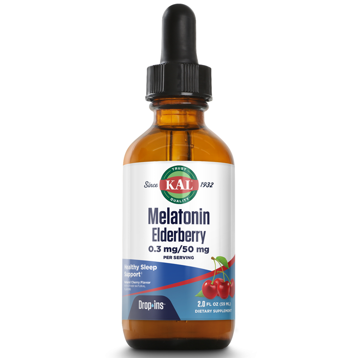 KAL Melatonin Elderberry DropIns - Fast Acting Melatonin Liquid with Elderberry - Sleep Aid, Immune Support Formula - Natural Cherry Flavor - 60-Day Money Back Guarantee, Approx. 59 Servings, 2 FL OZ