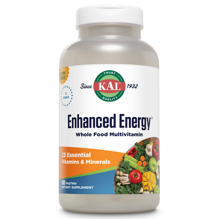 KAL Enhanced Energy Supplements, 3 Daily - Whole Food Multivitamin for Women and Men, Iron Free, 23 Essential Vitamins, Minerals, Super Foods, Digestive Enzymes, 60-Day Guarantee, 60 Serv, 180 VegTabs