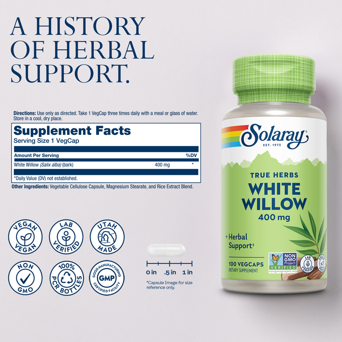 SOLARAY White Willow 400mg - White Willow Bark Capsules - Soothing Herbal Support for Wellness and Comfort w/ Naturally Occurring Glycosides - Vegan, Non-GMO, 60-Day Guarantee, 100 Serv, 100 VegCaps