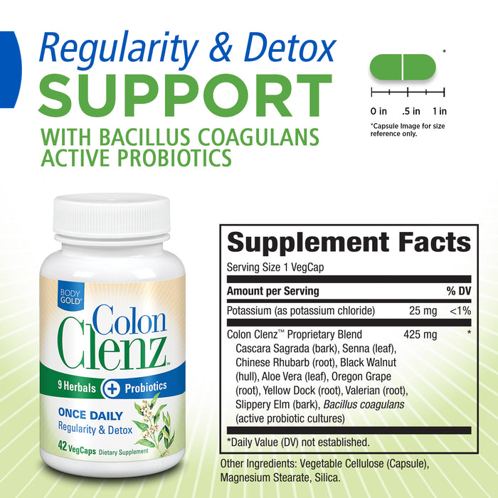 BodyGold Colon Clenz Regularity & Detox Formula Once Daily Support with 9 Herbs + Active Probiotics