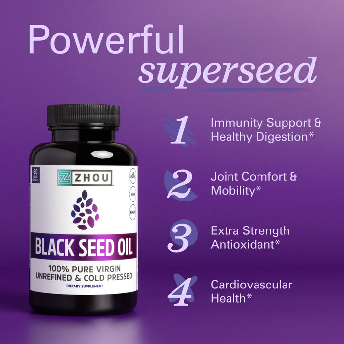 Zhou Nutrition Black Seed Oil Capsules, 100% Virgin, Cold Pressed Source of Omega 3 6 9, Super Antioxidant for Immune Support, Joints, Digestion, Hair & Skin, 60 Caps