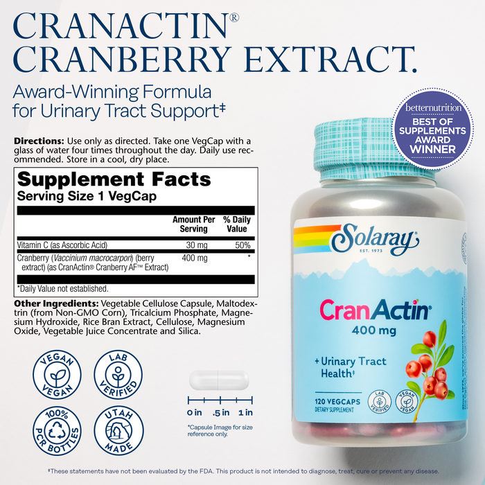 SOLARAY CranActin Cranberry Extract 400 mg - Cranberry Supplements for Women and Men - Bladder and Urinary Tract Health Support with Vitamin C - Vegan, 60-Day Guarantee, 120 Servings, 120 VegCaps