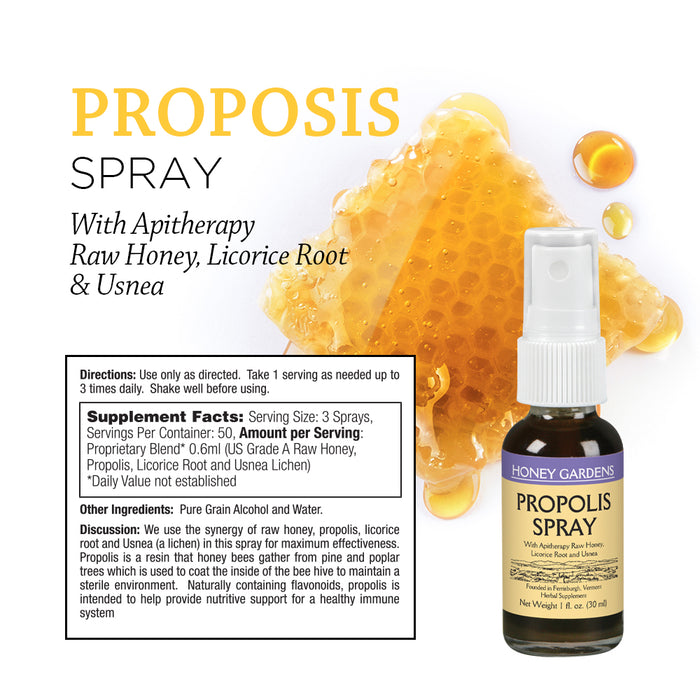 Honey Gardens Bee Propolis Throat Spray | With Apitherapy Raw Honey, Licorice Root and Usnea | 50 Servings | 1 Fl. Oz.