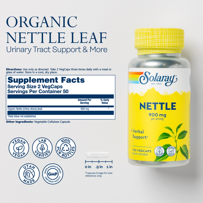 Solaray Nettle 900 mg - Organic Nettle Leaf Supplement - Kidney, Urinary, and Prostate Support - Traditional Use for Allergy Response and Respiratory Wellness - Vegan - 50 Servings, 100 VegCaps