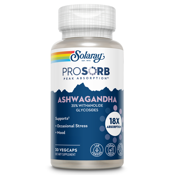 SOLARAY Ashwagandha Capsules 18X Absorption - Ashwagandha Root and Leaf Extract 240 mg - Occasional Stress Relief and Mood Support Supplement - Vegan, 60-Day Guarantee - 30 Servings, 30 VegCaps