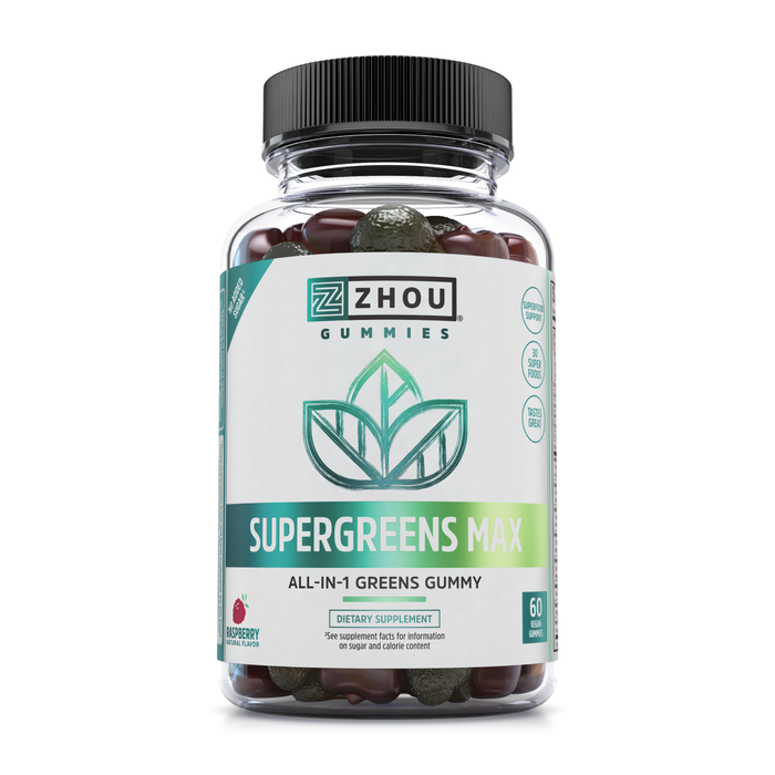 Zhou Supergreens Max Gummies, Greens Antioxidant Blend, Superfood Support Supplement, Digestion and Immune Health, Cellular Energy, Prebiotic and Probiotic Blend, No Added Sugar, 60 Vegan Gummies