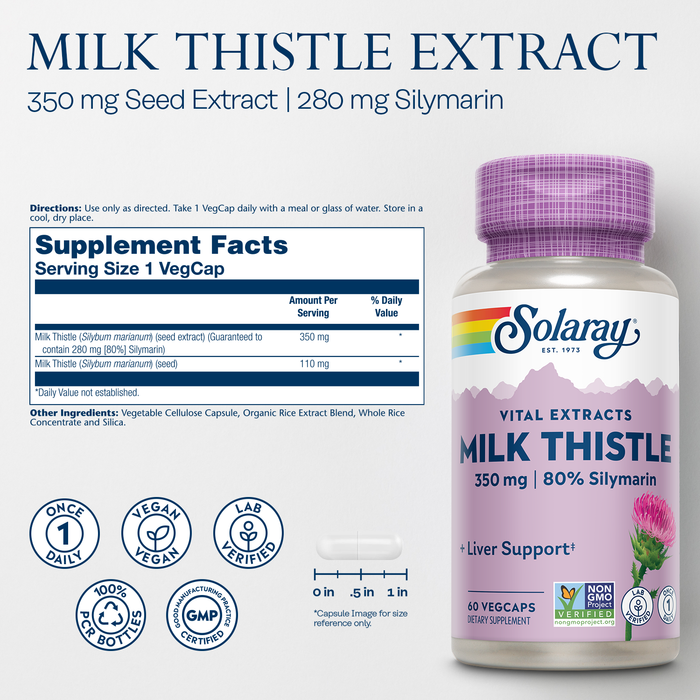 Solaray Milk Thistle Seed Extract 350 mg Guaranteed to Contain 80% Silymarin, Traditional Liver Support, Vegan & Lab Verified for Quality, 60 Day Money-Back Guarantee, 60 Servings, 60 VegCaps